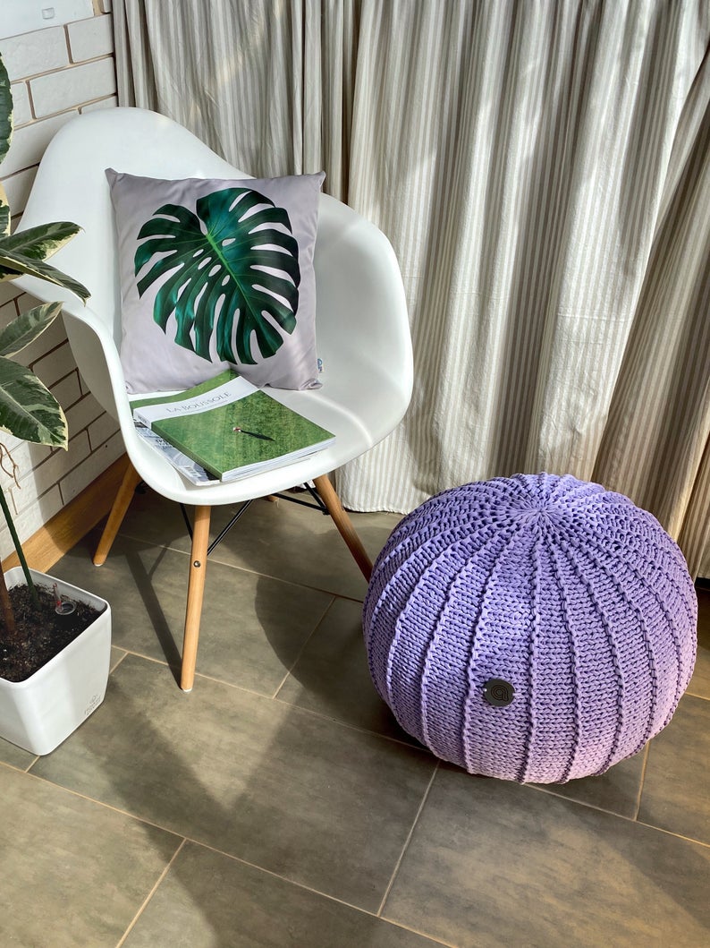 Lavender knitted pouf, Lilac floor pouf